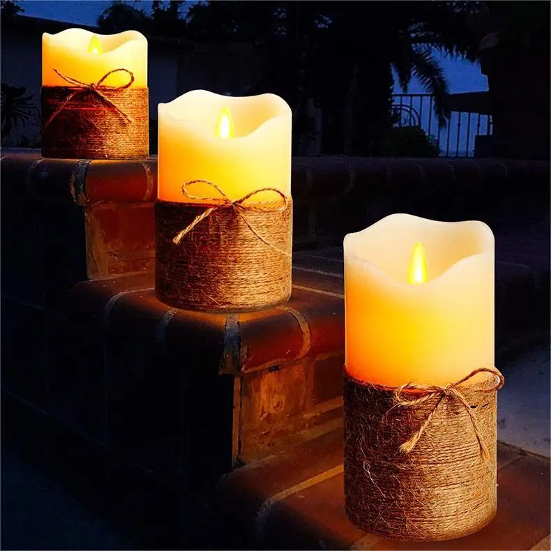 High Quality led remote control rocking three candles set electronic candle real wax simulation flame shaking twine candle