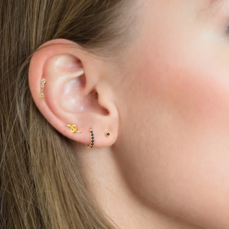 QLEESI Women Jewelry S925 Sterling Silver White Black Diamond Snake Shape Hoop Stud Earrings Set