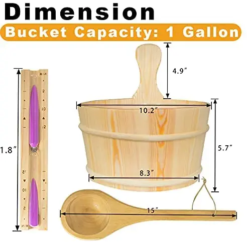Handmade Sauna Bucket Ladle Set Premium White Hourglass Sand Timer Traditional Wooden Water Bucket with Plastic Liner for Sauna