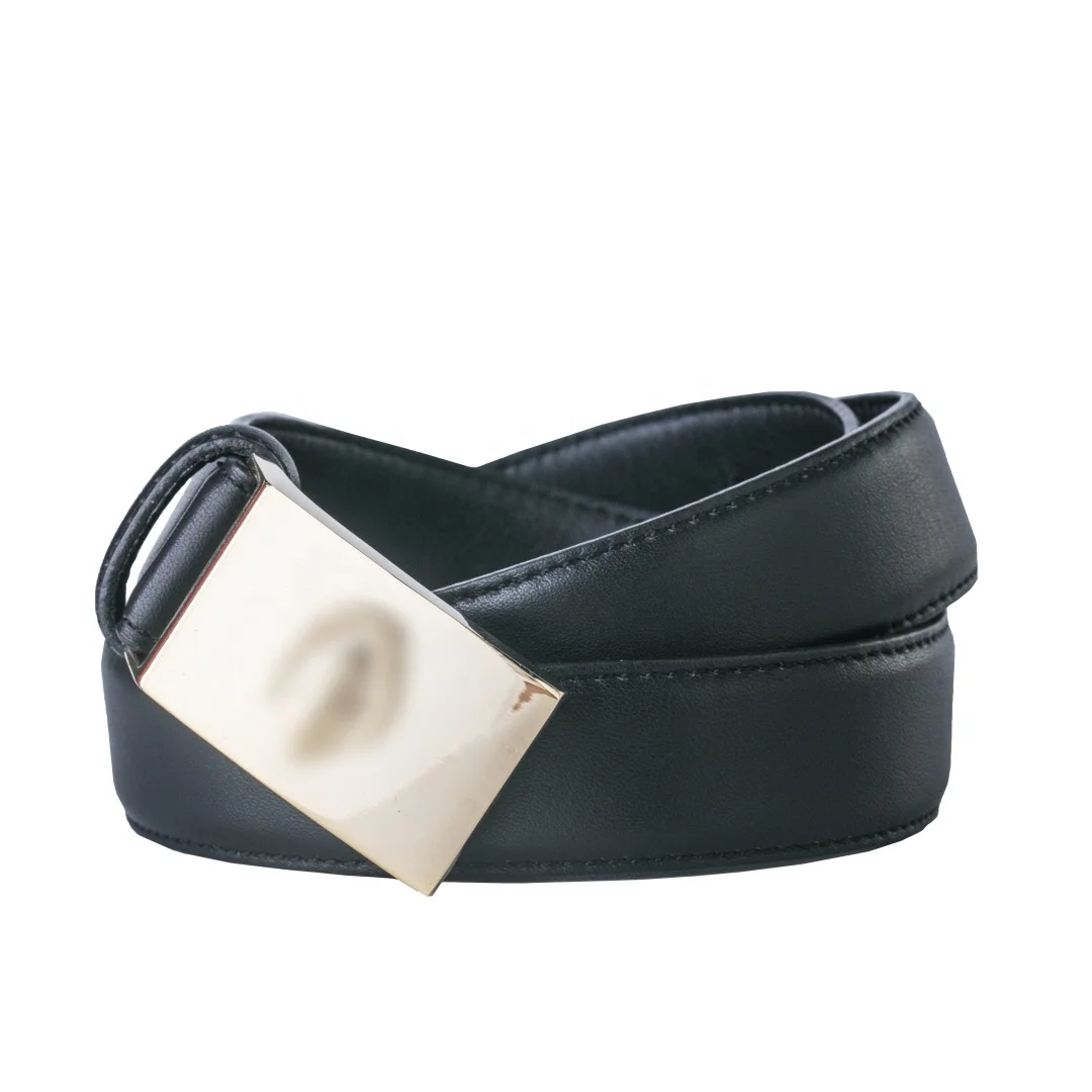 Men Office Business Inner Belt Black Genuine Cow Leather Metal Buckle