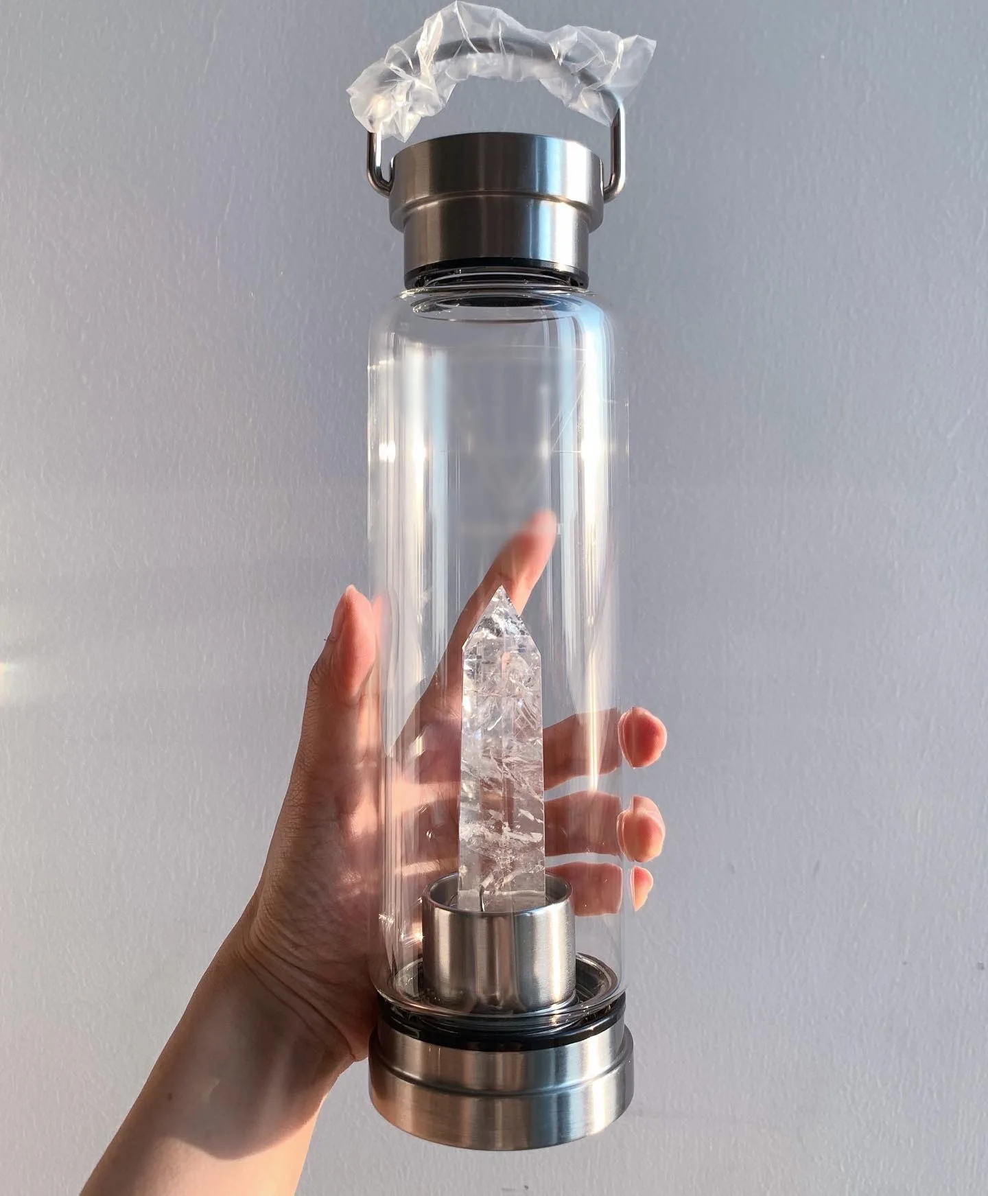 Custom Logo Natural Healing Obelisk Wand Elixir Quartz Bpa Free Energy Stone Glass Crystal Infused Water Bottle