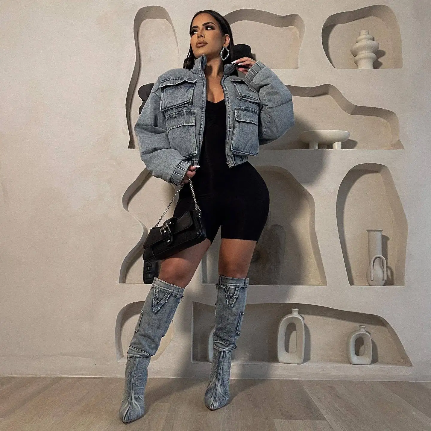 Liu Ming Wholesale Autumn Winter 2024 New Arrivals Sexy Elegant Women Stylish Pocket Denim Padded Jacket Casual Puffer Coat