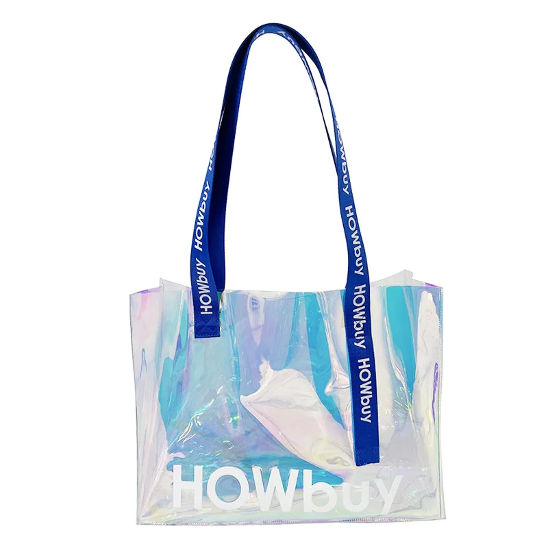 Custom Logo Reusable Waterproof PVC Jelly Hologram Clear Beach Radium handbag Shopping Tote Bag