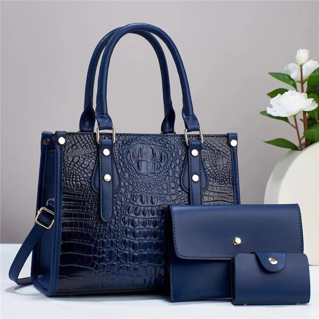 New Design Ladies Crocodile Pattern Handbag Large Capacity Tote Bags 3 pcs Handbag Set For Women