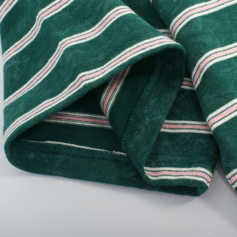 custom 280G heavy fashion couple tshirt vintage wash stripes contrast color round neck short-sleeves T-shirt