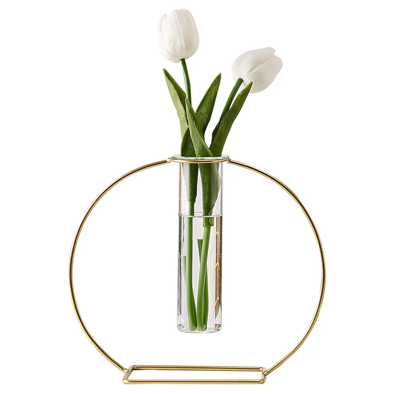 Simplicity Geometry Wrought Iron Metal Framed Transparent Glass Hydroponics Vase For Wedding Home Decoration