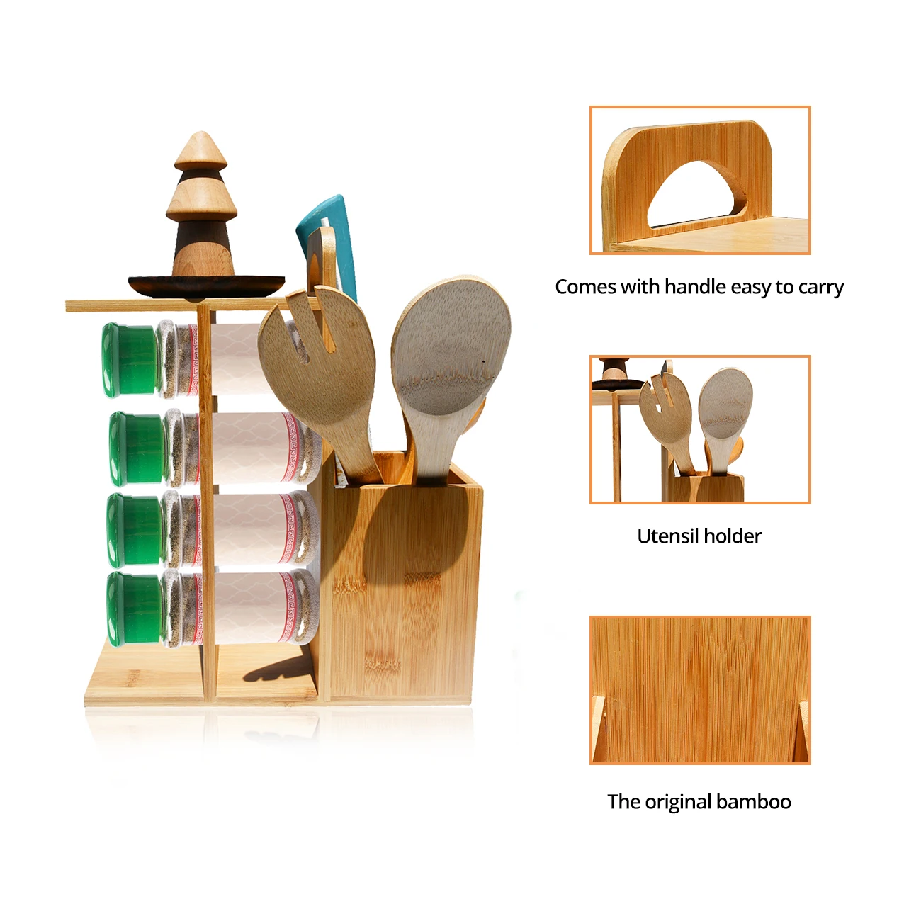 3 Tier Pull Out Revolving Magnetic Bamboo Spice Jar Bottle Organizer Rack With Utensil Holder Space Saving