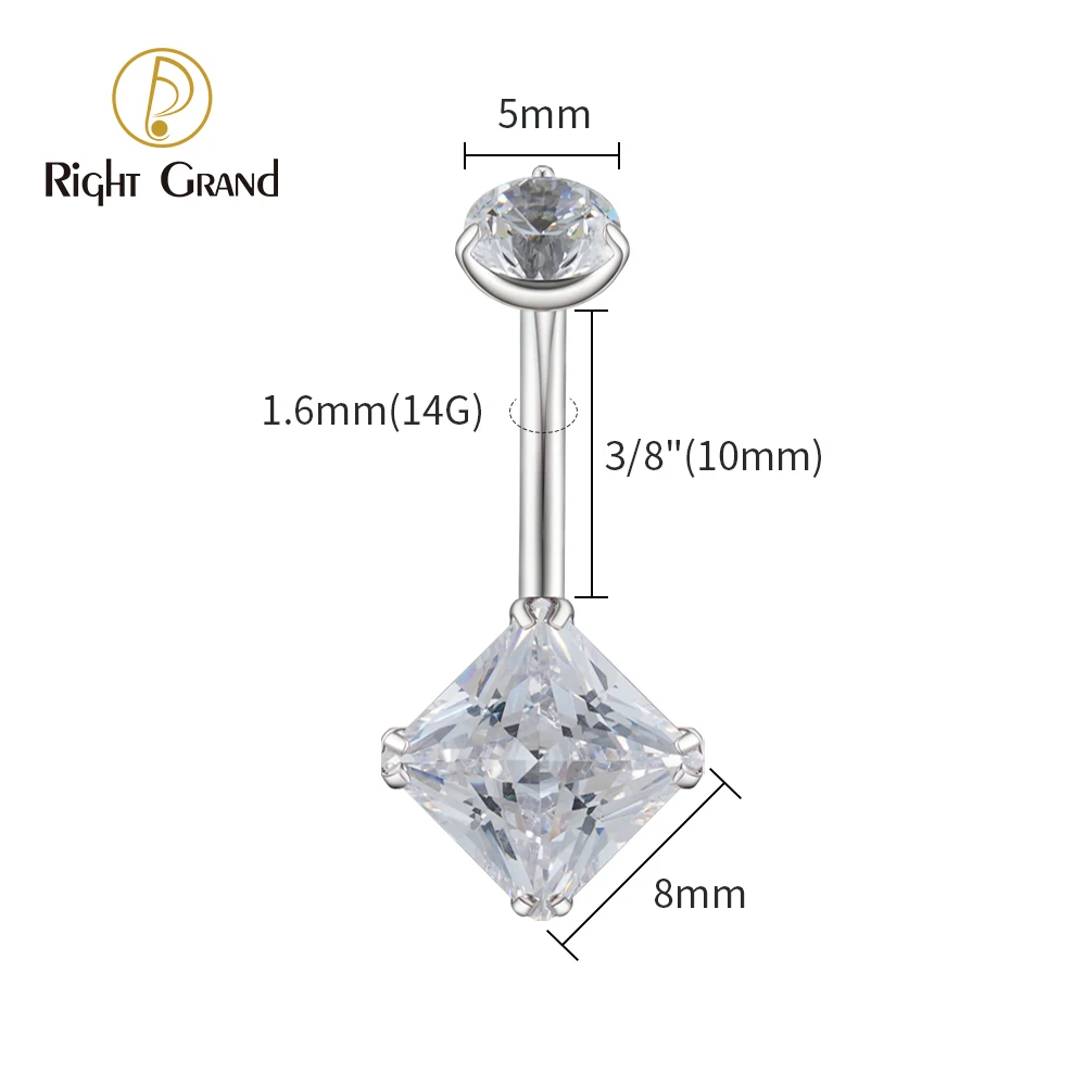 Right Grand ASTM F136 Titanium 14G Belly Button Ring Internally Threaded Navel Barbell Piercing with Square Cubic Zirconia