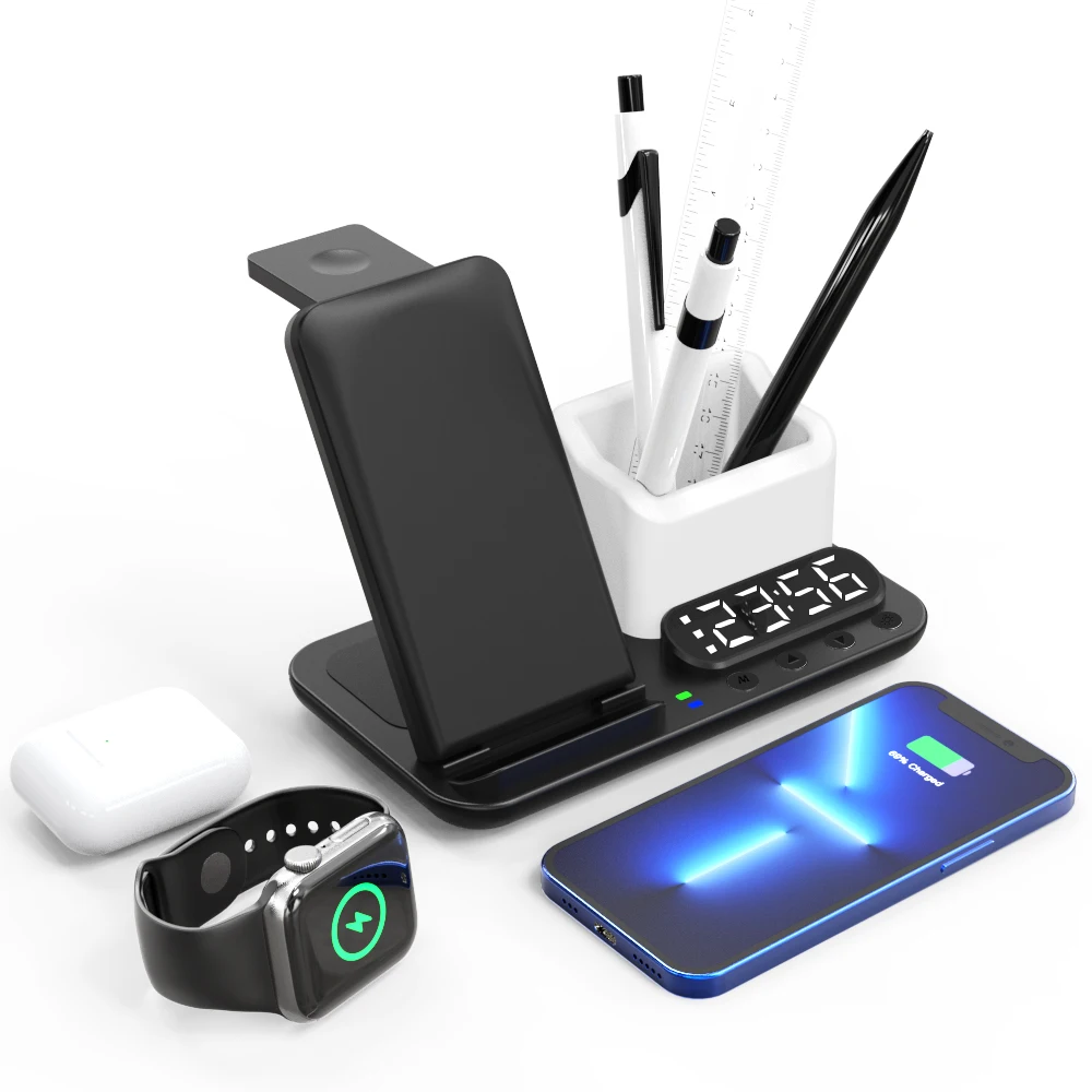 2023 Night Lamp Pen holder Wireless Charger Station with Alarm Clock For Samsung Iphone  All in one Wireless Charger for Iphone
