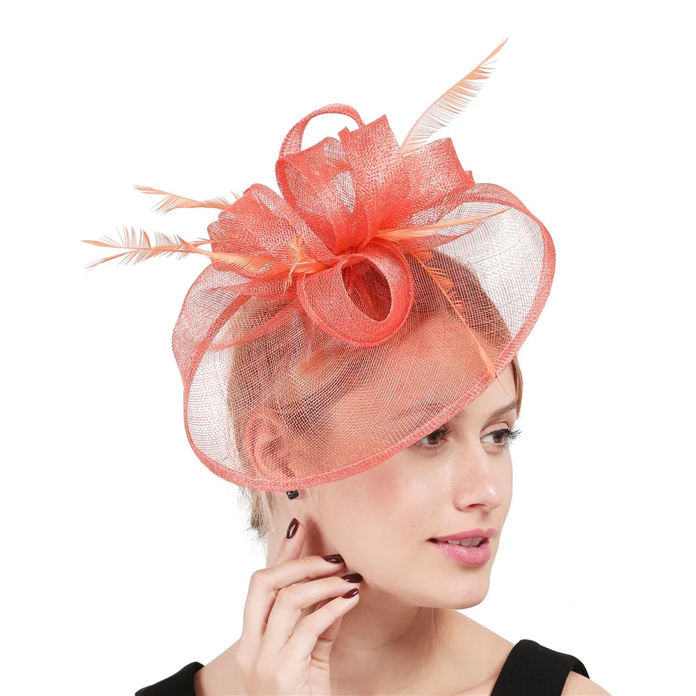 Wholesale European and American style dual-purpose feather flower headdress retro coral red small hat hemp yarn headband