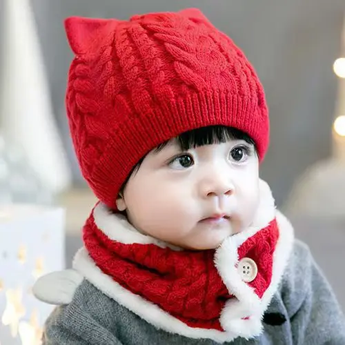 Syh1052 Winter baby hats scarves 2 pcs set baby Knitted Caps Woolen Warm Thickened Girl Hat