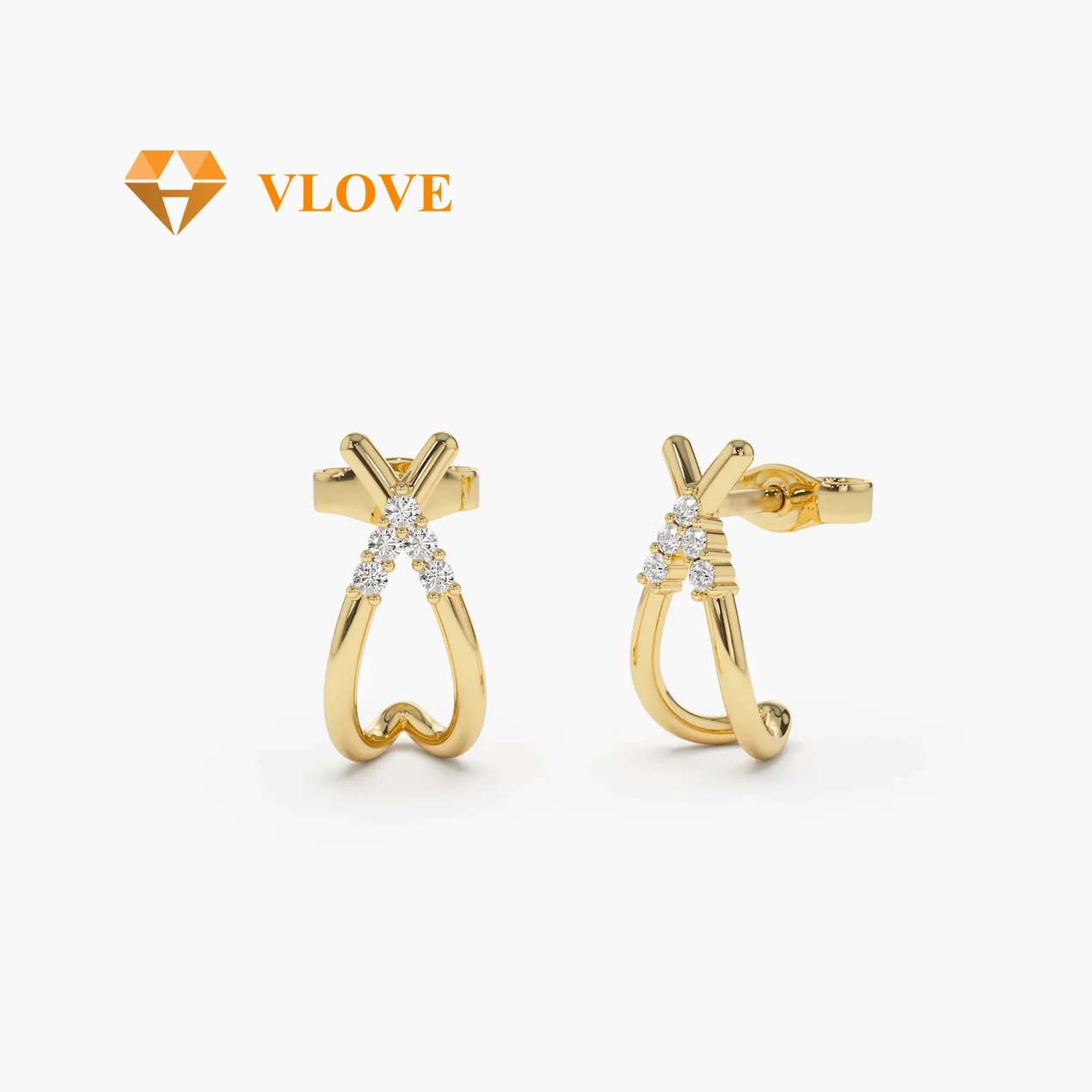 VLOVE Charm Jewelry Diamond Earrings 14k CrissCross Half Hoop Diamond Stud