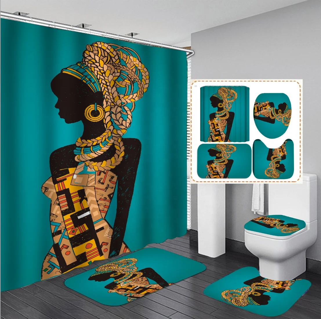 Cheersee Waterproof Customization Print African American Woman 3d Bathroom Shower Curtain Set with Rugs and Carpet