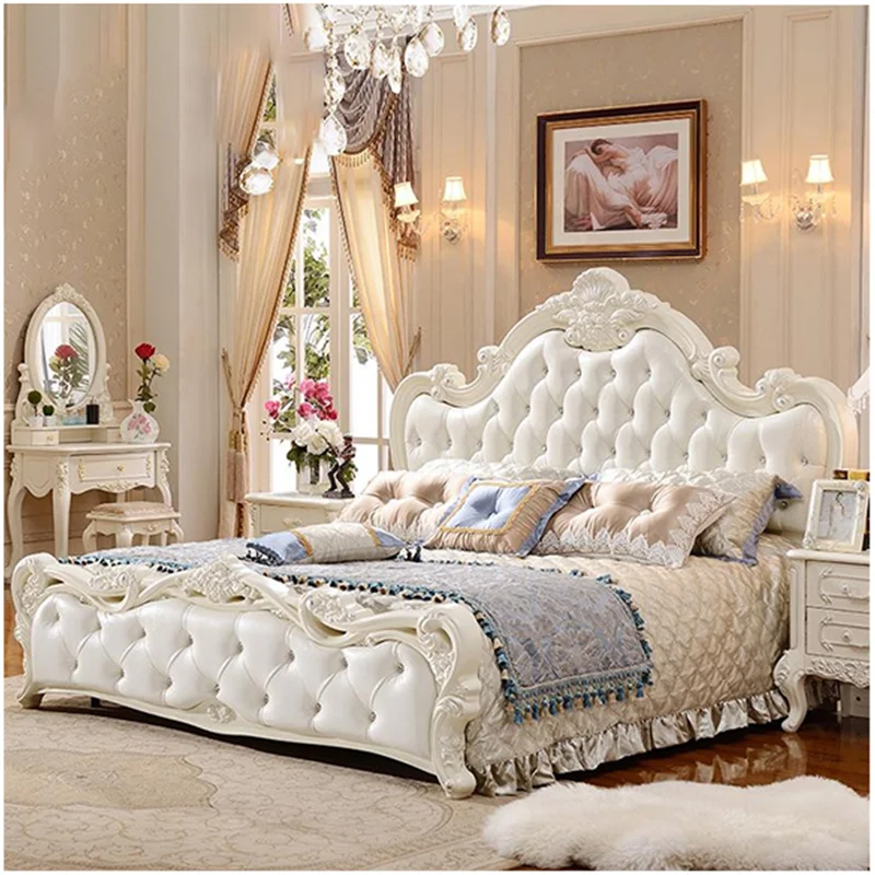 Bedroom Set Furniture Luxury Classic Style Wooden Carved Frame Leather King Size Bed