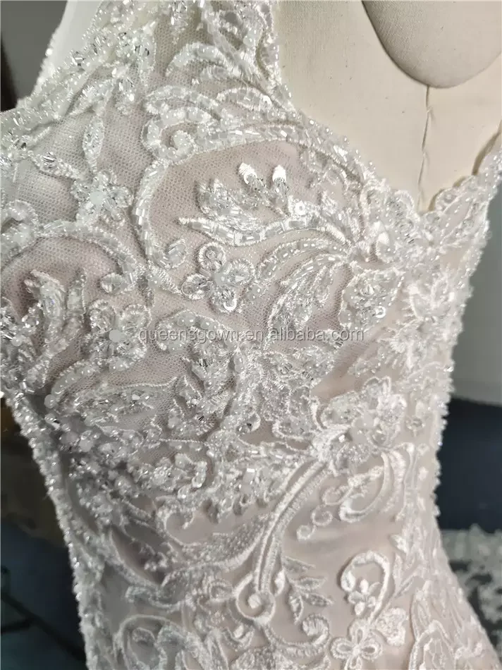 Mermaid spaghetti straps sleeveless  deep v neck beautiful lace wedding dress