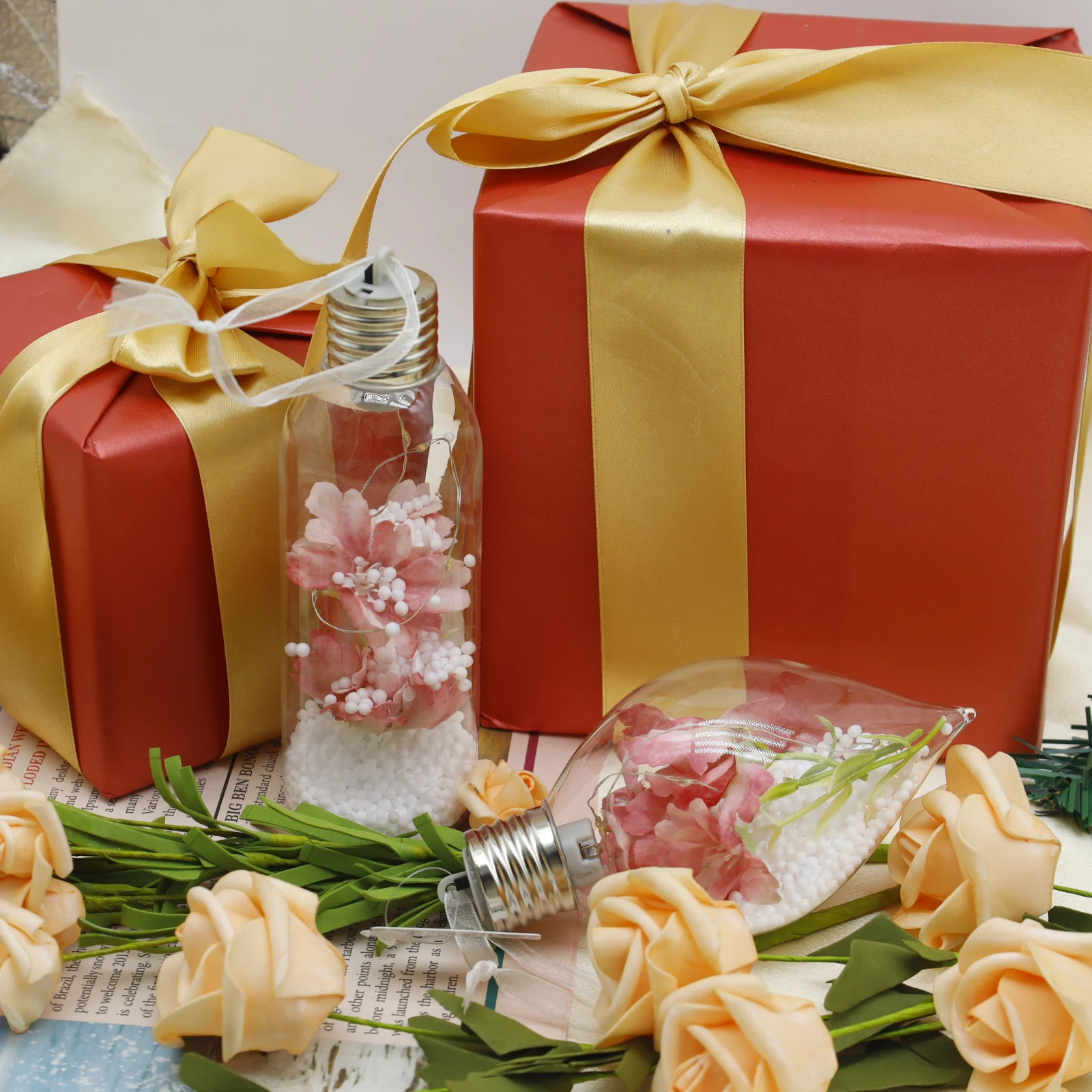 8cm LED clear glass ball Christmas ornament decorated with pink flowers and foam beads