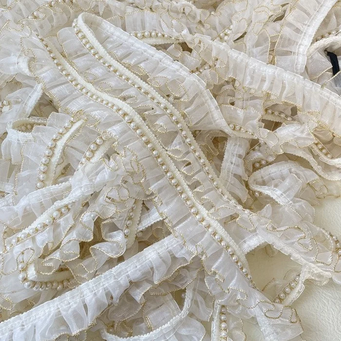 4cm Organza Tulle pleated Ribbon with pearls Polyester Ruffle lace Trims in white and gold for Dresses Garments DIY accessories