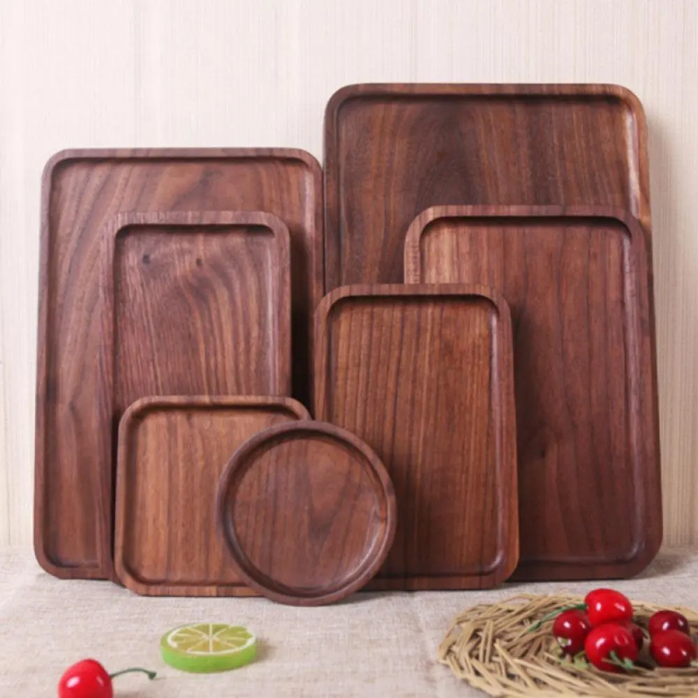 Wooden Plates Black Walnut Wood Tray Cake Snack Plate Dessert Serving Tray Dishes Wood Utensils Tableware tea tray