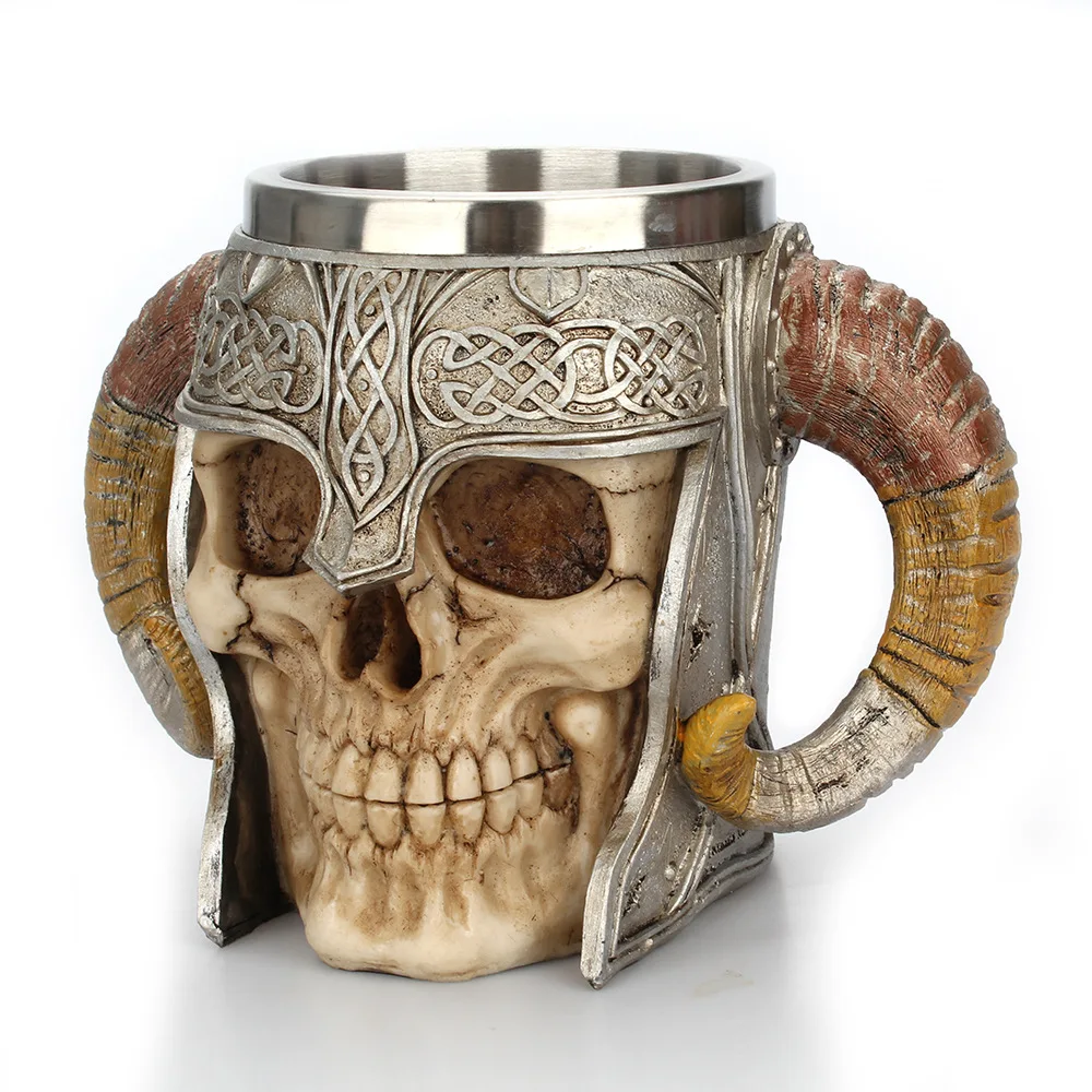 Unique Skeleton Stein Tankard Drinking Viking Horn Mug for Beer Coffee Stainless Steel Skull Mug Viking Horn Cups for Drinking