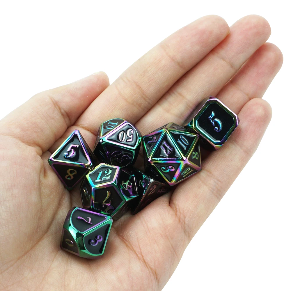 Customized Black white Metal Dungeons and Dragons Game Dice Set 7pcs Irregular Rainbow Laser Dice