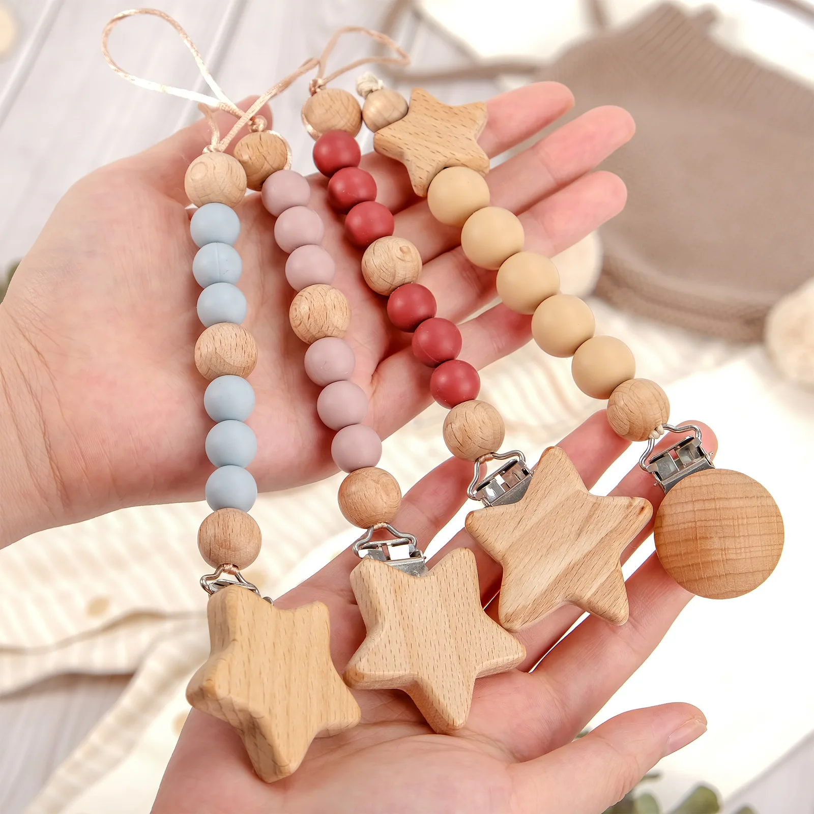 Wooden Silicone Pacifier Clips Holders Paci Clip Teething Relief with Neutral Baby Binky Holder Baby Shower and Gift