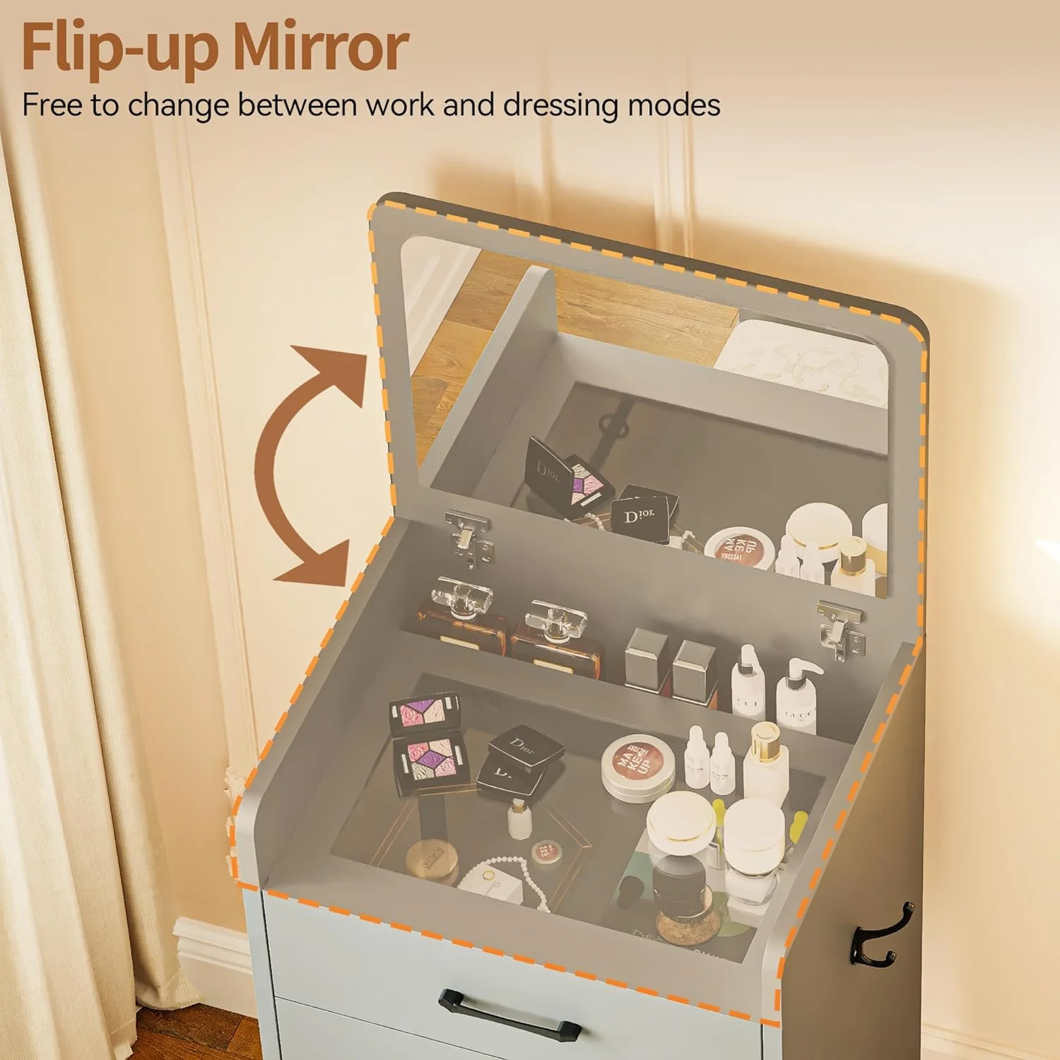 3 in 1 small Vanity Desk with flip Top Mirror Glass Desktop Cushion Tool Dressing Table for Bedroom 3 Drawers