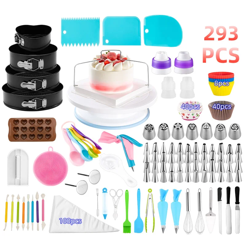 
293 Pieces Cake Tools Decorating Supplies Kit Set Tips Decoration Tool Nozzles Set With Whisk Turntable Paper Cup 