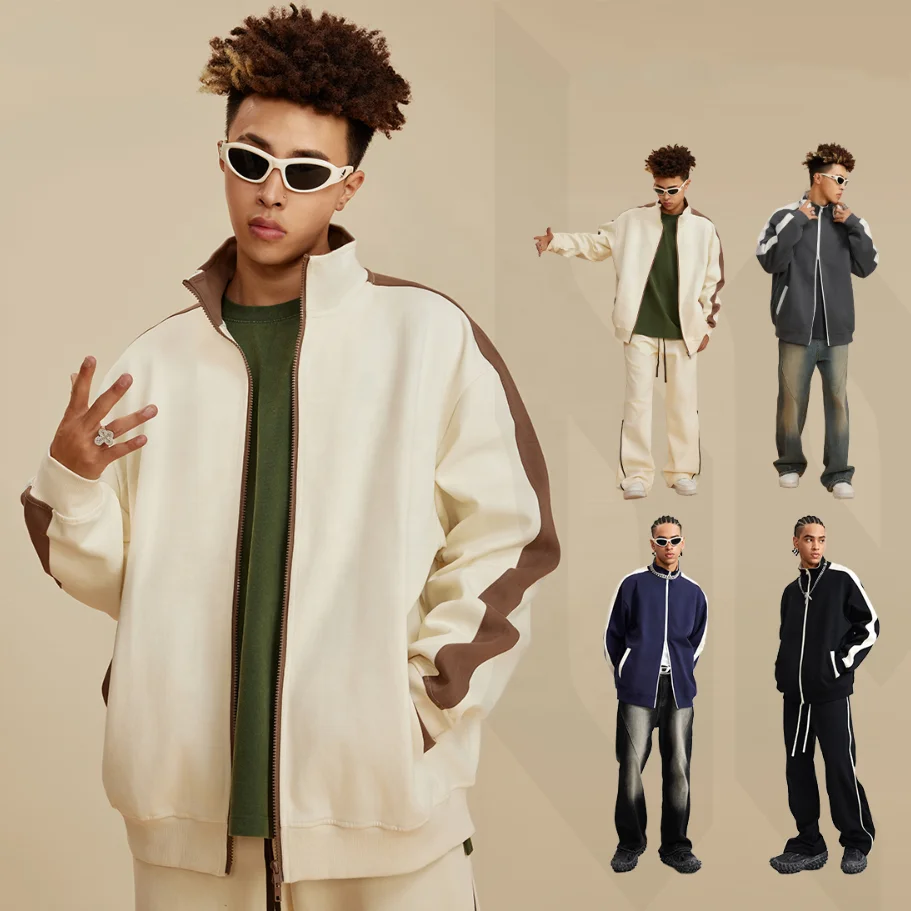 OEM custom 420gsm heavyweight contrast color double zipper hoodie high quality logo printing custom fleece hoodie