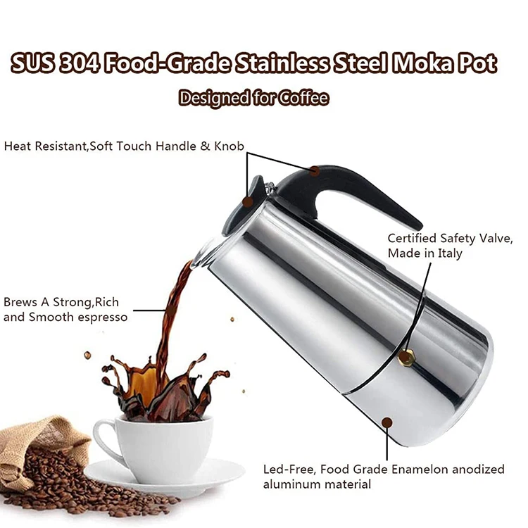 Stovetop Espresso Maker Italian Coffee Machine Coffee Pot 6.8 Oz Moka Pot Sliver Luxurious Stainless Steel Copper Chrome Metal