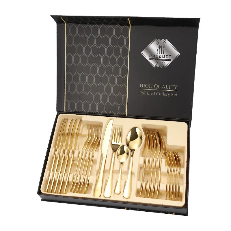 Seaygift luxury gold plated cutlery set with gift box 24 piece stainless steel spoons forks and knives flatware box set