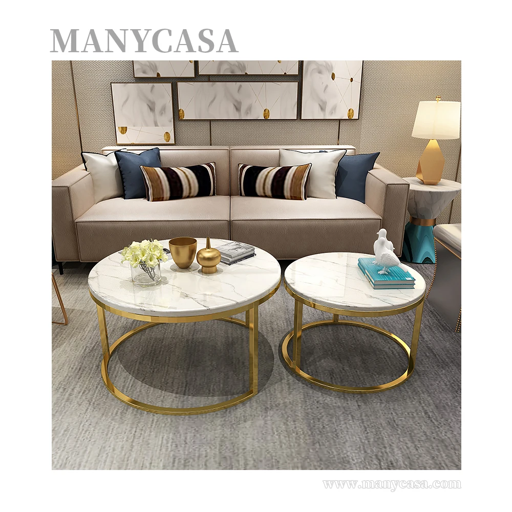 Luxury Round Coffee Table Sets Living Room Metal Stainless Steel Frame Rose Gold Marble Top Sofa Side Table