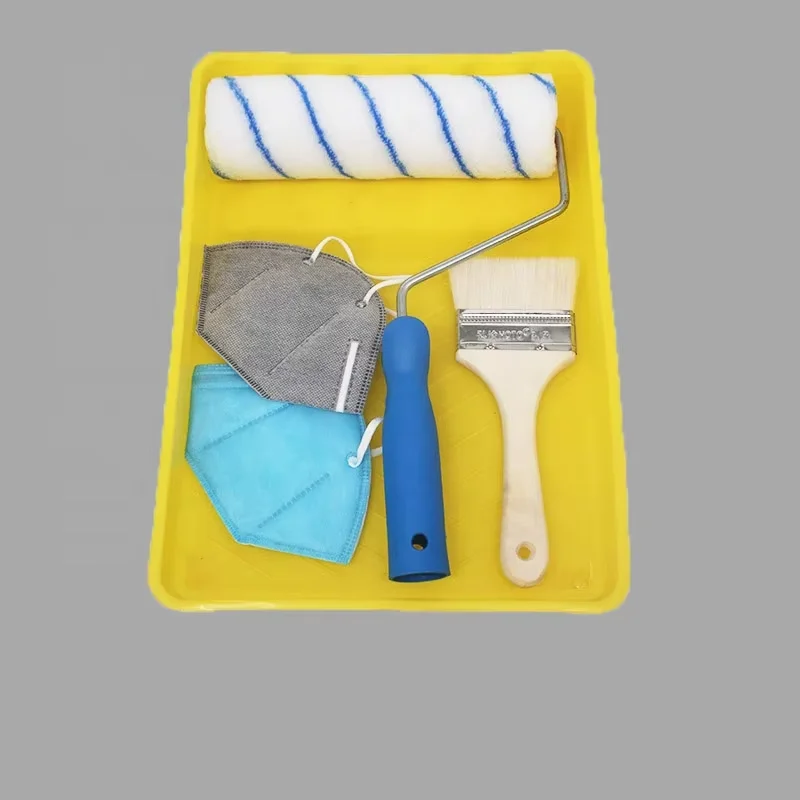 9 inch Head Stick Paint Brush Tray Set wall painting roller brush set with tray to paint wall with blue plastic tray