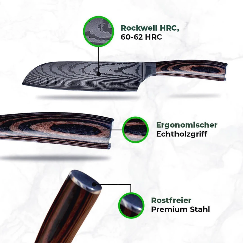 Custom Logo 8 piece Premium Japanese Chef Knife with Pakka Wood Handle Laser Damascus Pattern Kitchen Knife Set