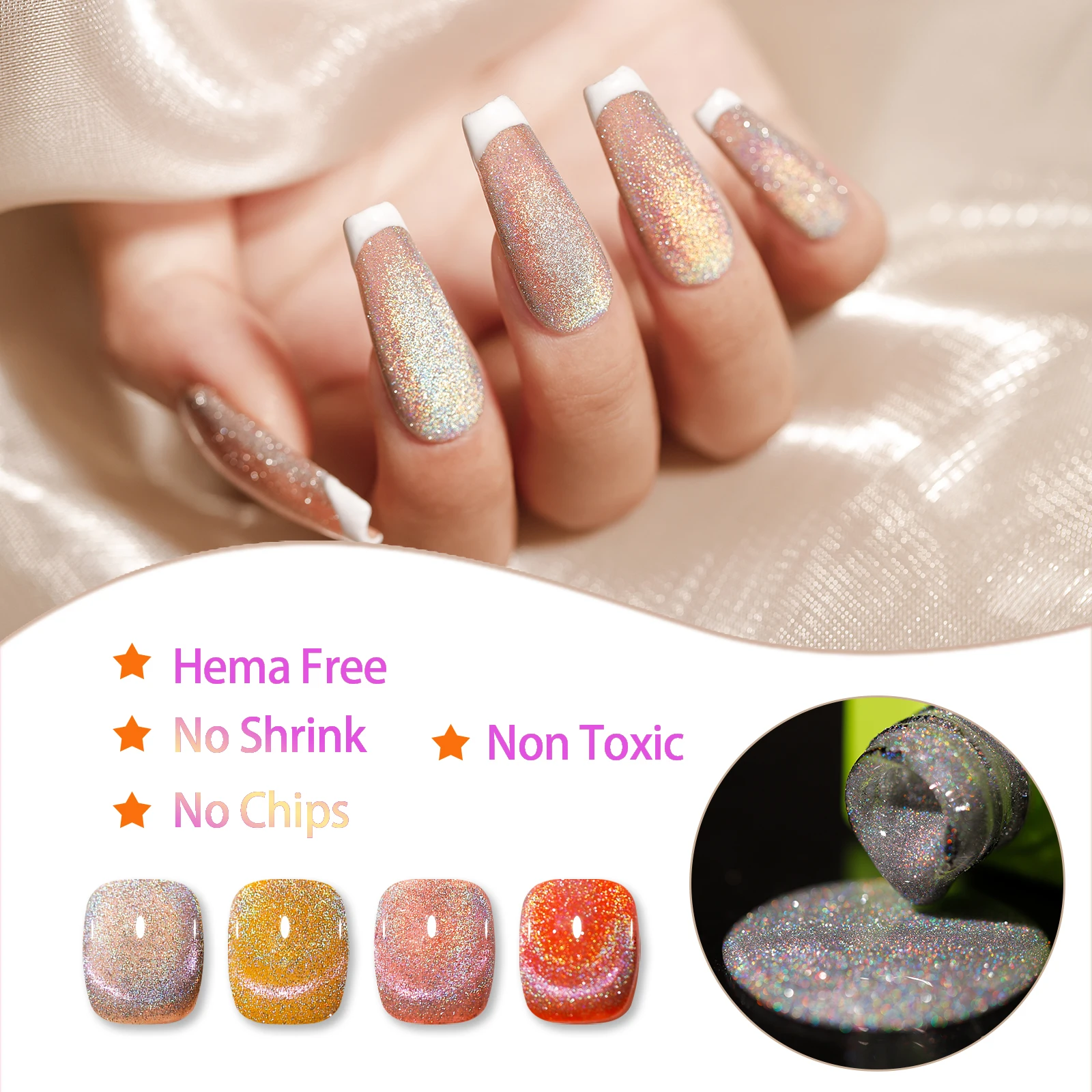 Vendeeni New Trendy Private Label Reflective Holographic Cat Eye Gel  Flashing Rainbow Laser Cat Eye Gel Top Coat