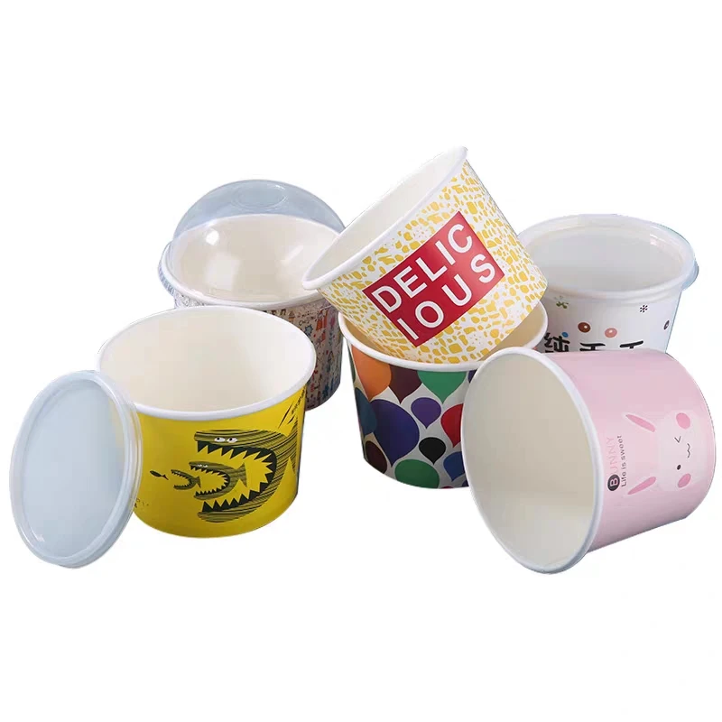 Custom Logo Printed Disposable Single Wall Paper Ice Cream Cup Frozen Yogurt Gelato Bowl Ice Cream Packaging with Lid and Spoon
