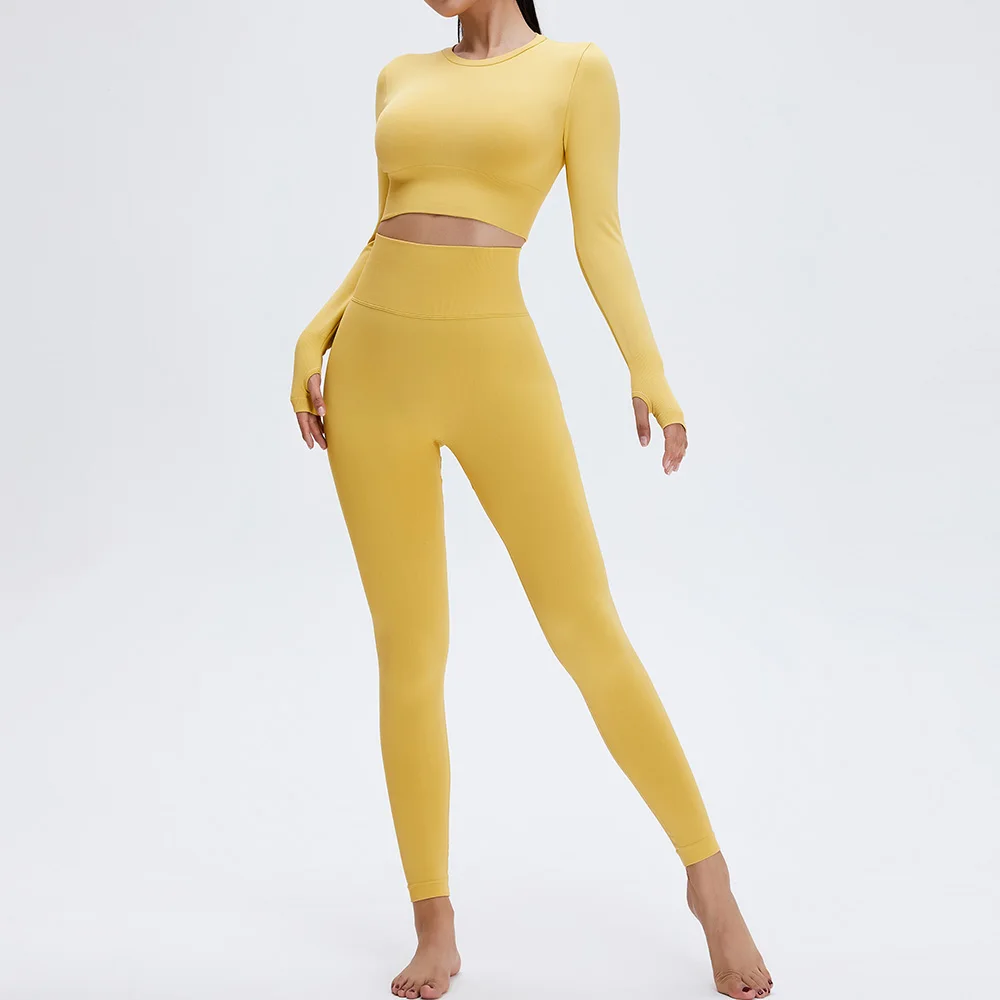 New seamless knitting fitness yoga sets workout gym long sleeve tops and leggings for women