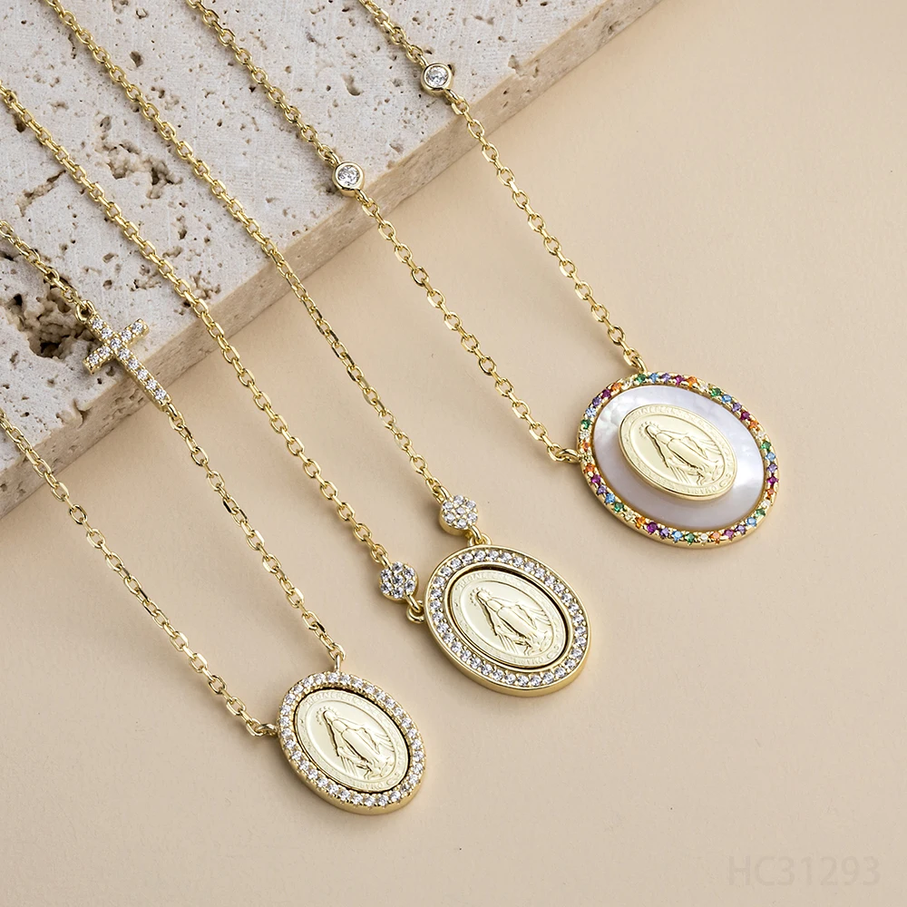 14k Yellow Gold Plated 925 Sterling Silver Jewelry Virgin Mary Pendant Necklace With Matching Bracelet