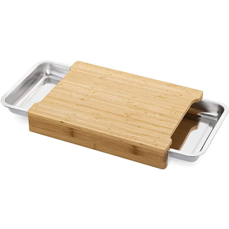 sublimation bamboo Cutting Board with Juice Groove 2 Piece Stainless Steel drip Tray chopping board with drawer Non-Slip Feet