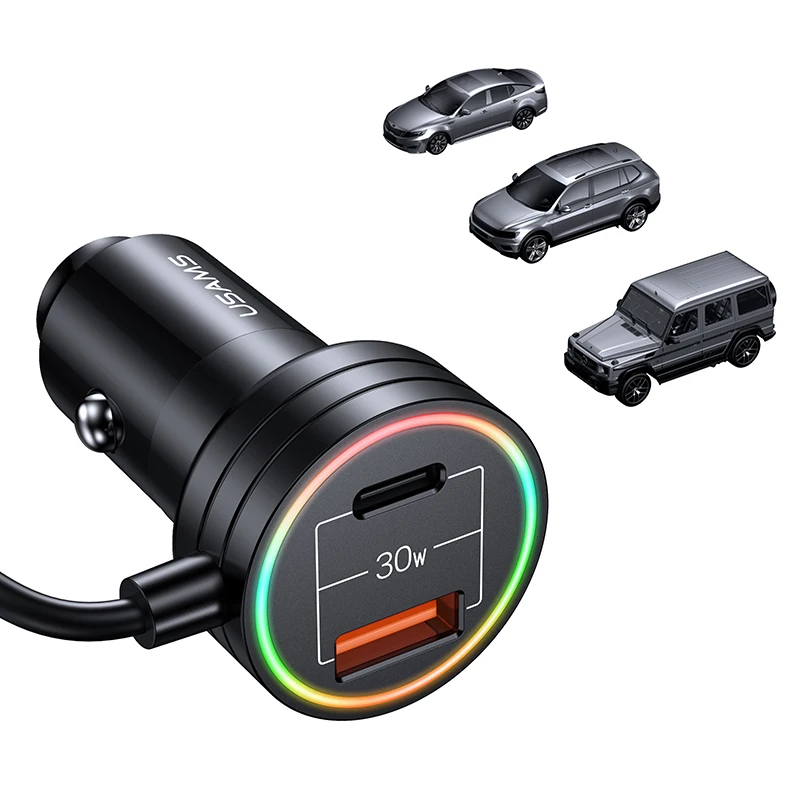 Usams CC167 автомобильное зарядное устройство для смартфонов 60 Вт с пружинным кабелем растягивающимся