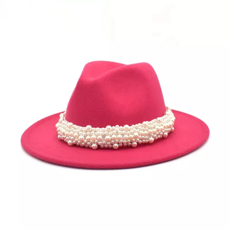 Fashion Pearl Decoration Faux Wool Felt Fedora Hat Solid Color Top Jazz Hats Women Dressing Large Brim Panama Caps