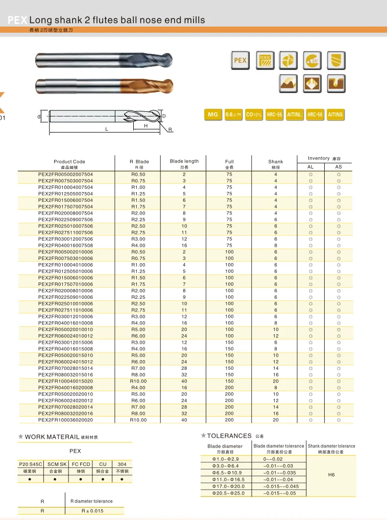 ZHY Professional long neck ball nose 55 degree end milling cutter solid carbide end mills