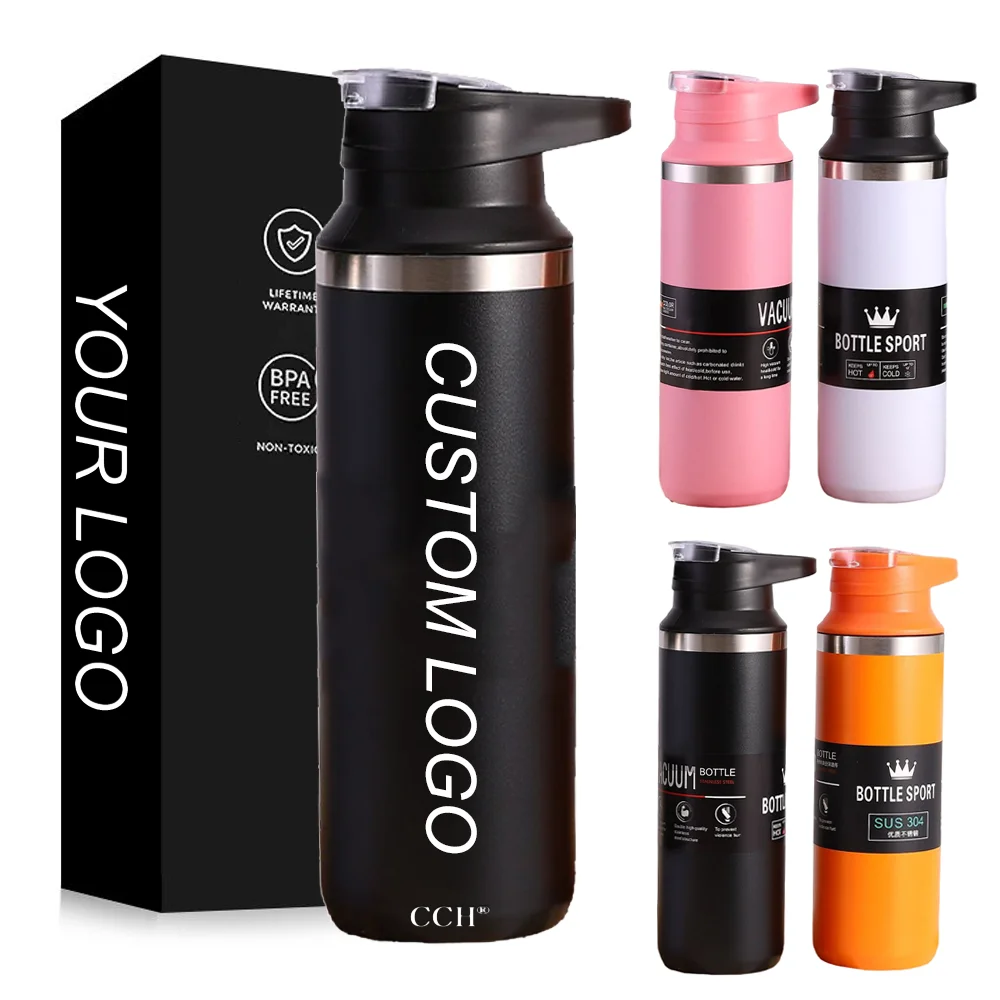 Custom Logo Double Wall Vacuum Insulated Metal Flask 500ml Promotional Gym Sports Drinking Water Bottle With Handle