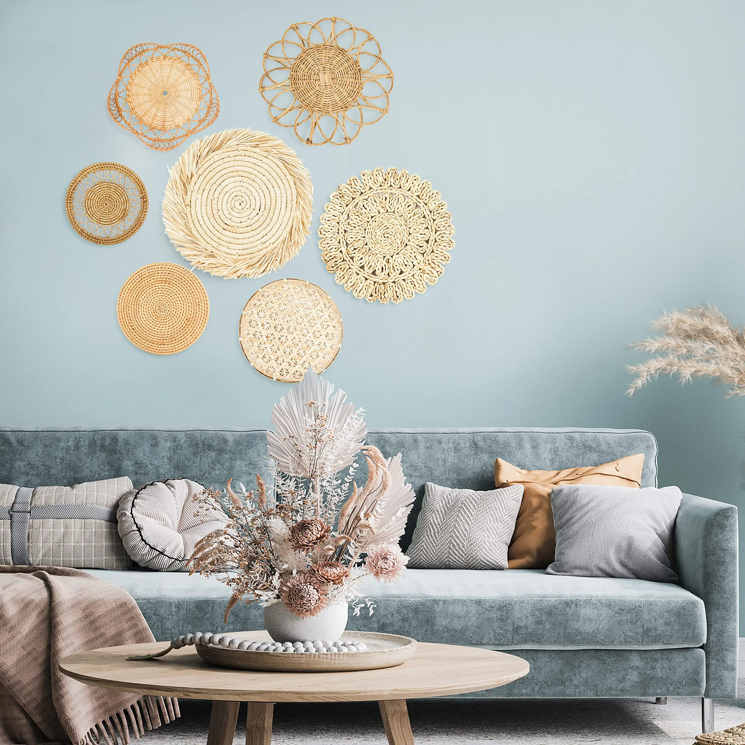 Haosen Rattan Wicker Wall Hanging Decor Basket Charger Home Plate Placemat S7 Natural Boho Handwoven