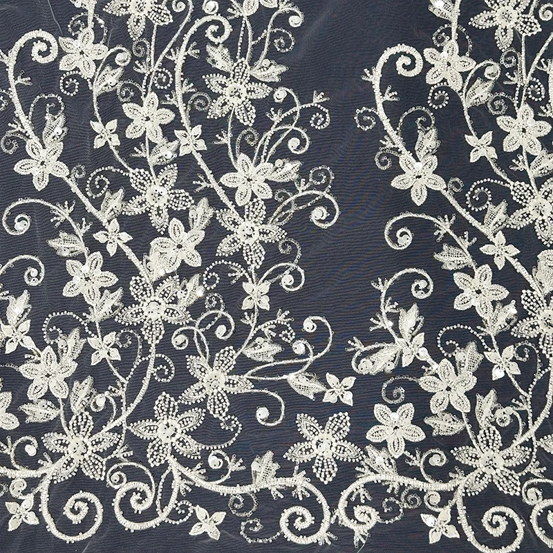 Manufacturer cheap high quality embroidery white lace fabric sequins french lace wedding bridal dress fabric for party