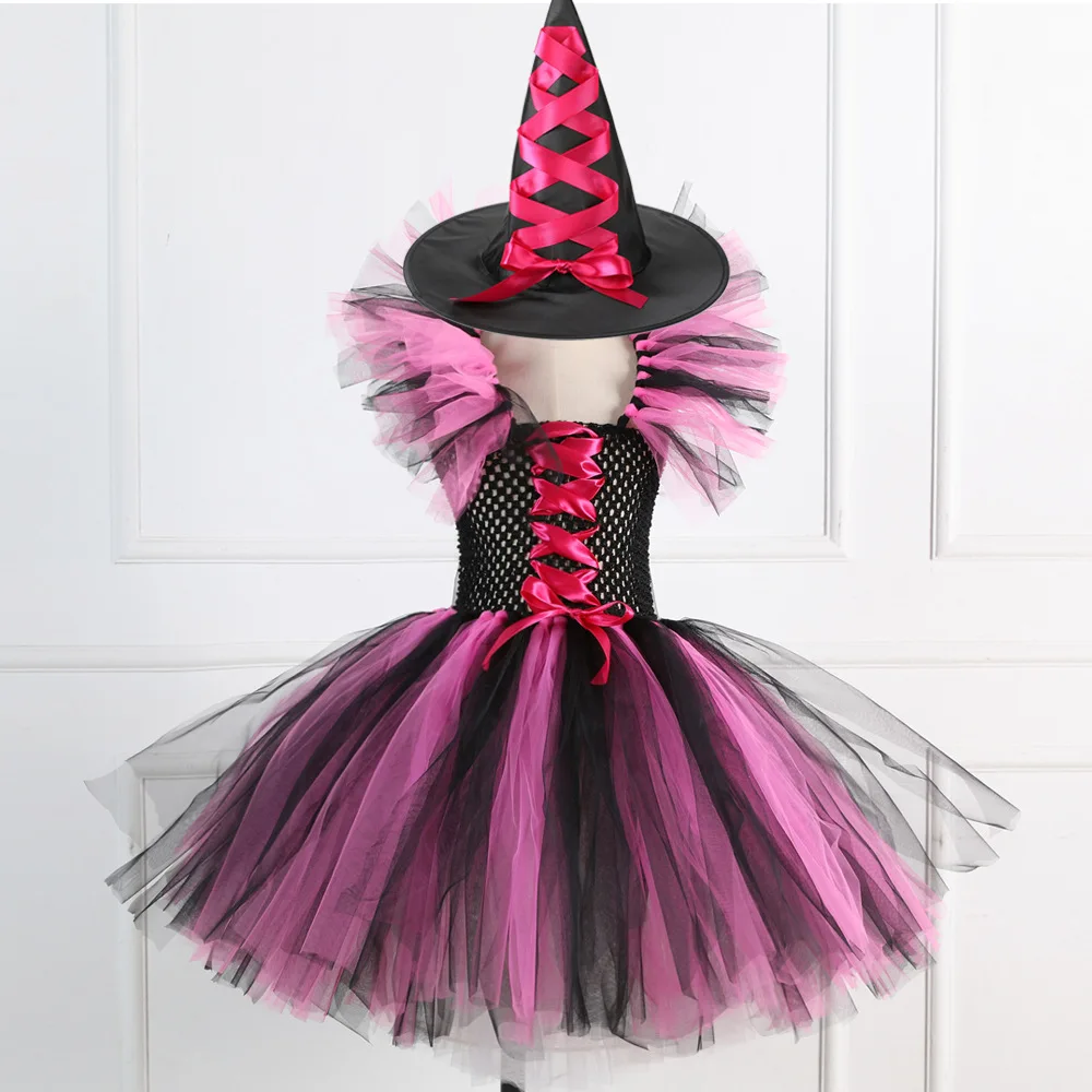 Wholesale Halloween Girls Witch Costumes Fancy Dress Up Kids Purple Black Tutu Dress Party Carnival  Outfit with Hat