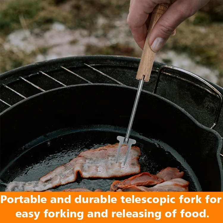 Wooden Handle Campfire Multi-use Telescoping and Fully Retractable Fork Telescopic Roasting BBQ Forks for Grill