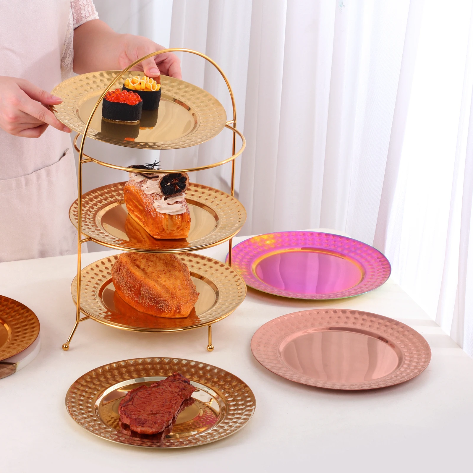 Gold Serving Tray Restaurant Round Dessert Stainless Steel Dinner Plates Storage Plate For Party 3 Tier Stand Plate with Rack