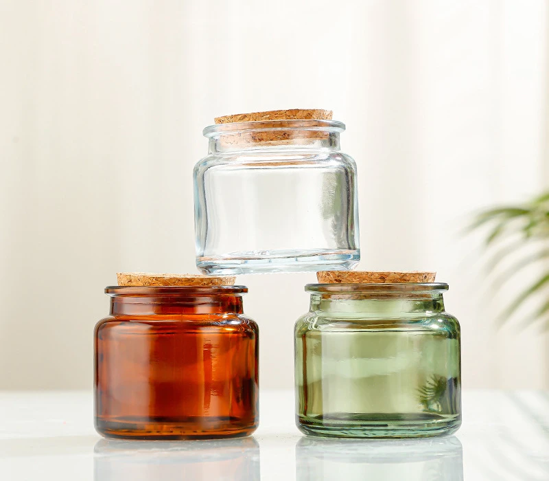 luxury small clear black amber green glass candle jar with cork lid wooden cork cap candle jar