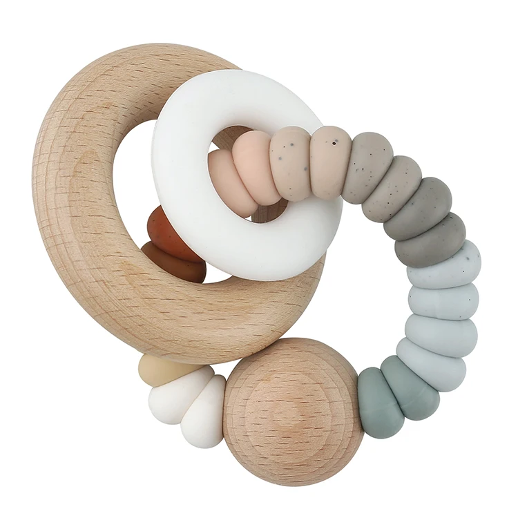 Top Ranking Suppliers Baby Teether heart shape Bracelet Wooden Teether Ring Nursing Safe Organic 2pc Bangle Silicone Teether Toy