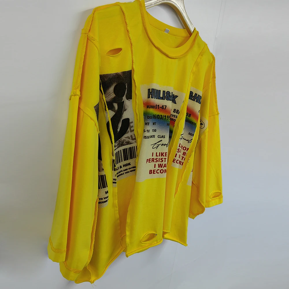 Huili New Trend Unisex Oversized Boxy Tshirts Custom Printing Men Reversed Stitching Spliced Panel Asymmetrical Raw Hem T Shirt